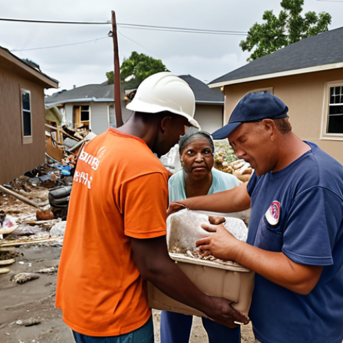 Home 15 **Community disaster relief:** A diverse group of neighbors helping each other after a natural disaster, emphasizing community spirit and resilience. Focus on people assisting the vulnerable.