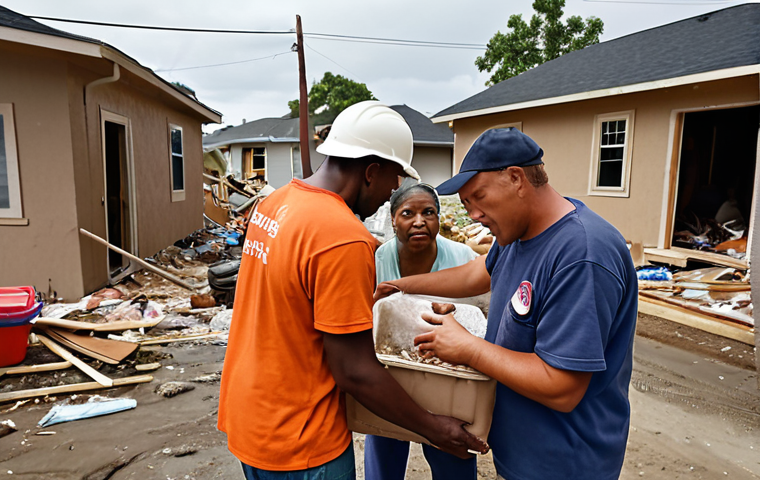 **Community disaster relief:** A diverse group of neighbors helping each other after a natural disaster, emphasizing community spirit and resilience. Focus on people assisting the vulnerable.