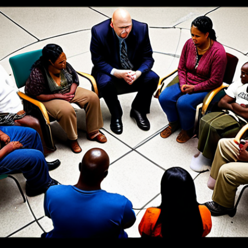 Home 7 ** Restorative justice circle: Victim, offender, and community members in open dialogue, focusing on healing and reconciliation after a crime.
**