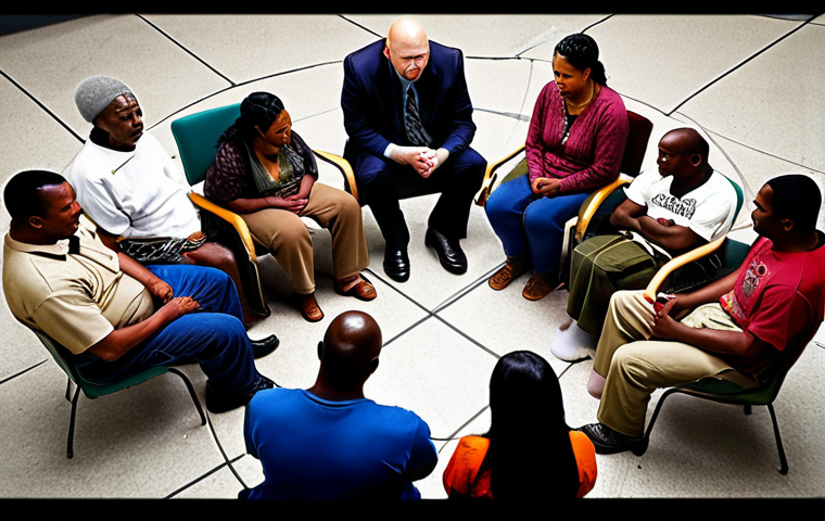 ** Restorative justice circle: Victim, offender, and community members in open dialogue, focusing on healing and reconciliation after a crime.
**