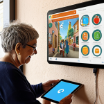 **Prompt 1: Humanity and Technology in Social Welfare**
    A vibrant community hub in a Spanish-speaking city, where people of diverse ages and backgrounds are interacting warmly. Technology is subtly integrated: a senior citizen happily using a tablet for a video call, a young person accessing learning resources on a laptop, a group coordinating via a digital notice board. Overarching this scene, visualize a soft, glowing network of interconnected digital lines, symbolizing efficient support and shared data, without overpowering the human element. The atmosphere is one of active engagement, empathy, and seamless digital-human collaboration in social welfare. Emphasize a sense of community, warmth, and modern efficiency.