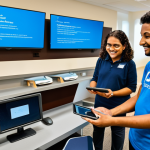 A diverse group of individuals, including an elderly woman, a young adult, and a parent with a child, fully clothed in modest, everyday attire, are actively engaged in a modern, brightly lit community digital learning center. They are using tablets and computers, with some receiving guidance from a professional, fully clothed volunteer or staff member. The background features contemporary furniture, accessible workstations, and large informational screens displaying user-friendly interfaces. The atmosphere is warm, inviting, and focused on learning and empowerment. Professional photography, high-quality image, perfect anatomy, correct proportions, natural poses, well-formed hands, proper finger count, natural body proportions, safe for work, appropriate content, fully clothed, family-friendly.