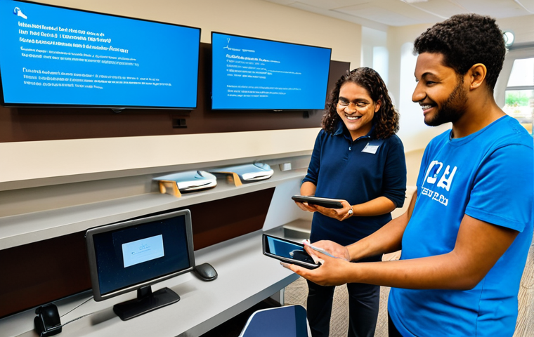 A diverse group of individuals, including an elderly woman, a young adult, and a parent with a child, fully clothed in modest, everyday attire, are actively engaged in a modern, brightly lit community digital learning center. They are using tablets and computers, with some receiving guidance from a professional, fully clothed volunteer or staff member. The background features contemporary furniture, accessible workstations, and large informational screens displaying user-friendly interfaces. The atmosphere is warm, inviting, and focused on learning and empowerment. Professional photography, high-quality image, perfect anatomy, correct proportions, natural poses, well-formed hands, proper finger count, natural body proportions, safe for work, appropriate content, fully clothed, family-friendly.