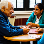 A compassionate social researcher, fully clothed in modest, professional attire, sits attentively at a table in a vibrant community center in a Latino neighborhood. They are engaged in a heartfelt conversation with an elderly woman, sharing a cup of coffee. Diverse community members of various ages are visible in the background, subtly engaged in activities like conversing or playing cards, fostering a sense of warmth and trust. The scene is illuminated by natural light, emphasizing connection and genuine understanding. High-resolution, professional photography, perfect anatomy, correct proportions, natural pose, well-formed hands, proper finger count, natural body proportions, safe for work, appropriate content, family-friendly.