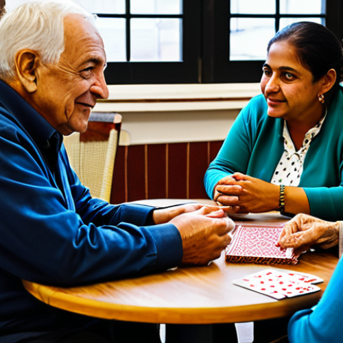 A compassionate social researcher, fully clothed in modest, professional attire, sits attentively at a table in a vibrant community center in a Latino neighborhood. They are engaged in a heartfelt conversation with an elderly woman, sharing a cup of coffee. Diverse community members of various ages are visible in the background, subtly engaged in activities like conversing or playing cards, fostering a sense of warmth and trust. The scene is illuminated by natural light, emphasizing connection and genuine understanding. High-resolution, professional photography, perfect anatomy, correct proportions, natural pose, well-formed hands, proper finger count, natural body proportions, safe for work, appropriate content, family-friendly.