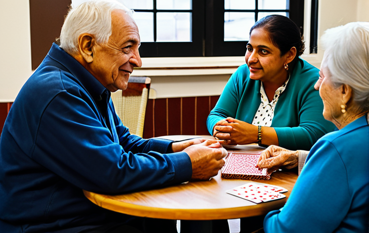 A compassionate social researcher, fully clothed in modest, professional attire, sits attentively at a table in a vibrant community center in a Latino neighborhood. They are engaged in a heartfelt conversation with an elderly woman, sharing a cup of coffee. Diverse community members of various ages are visible in the background, subtly engaged in activities like conversing or playing cards, fostering a sense of warmth and trust. The scene is illuminated by natural light, emphasizing connection and genuine understanding. High-resolution, professional photography, perfect anatomy, correct proportions, natural pose, well-formed hands, proper finger count, natural body proportions, safe for work, appropriate content, family-friendly.