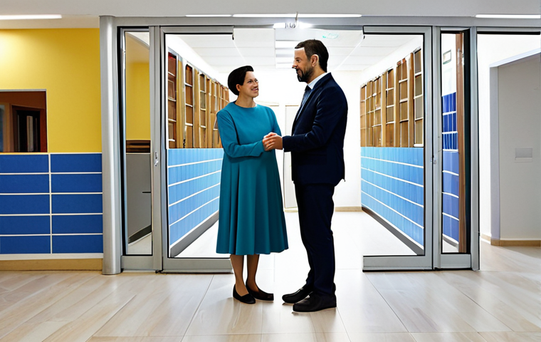 Community Support**

"A professional social worker in appropriate attire, fully clothed, providing guidance to a woman in a modest dress, in a bright, welcoming community center in Madrid, Spain, safe for work, perfect anatomy, natural proportions, family-friendly, emphasizing empathy and support."

**