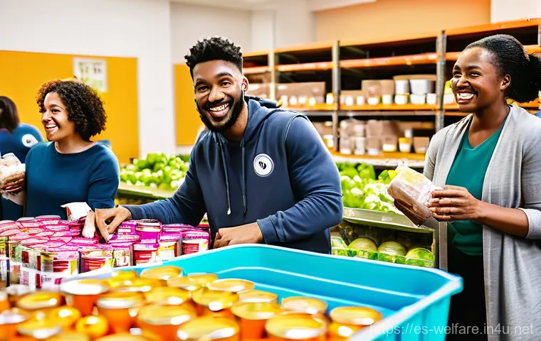 사회복지 자원봉사 - A vibrant, warm-toned image depicting a diverse group of volunteers from various age groups, includi...