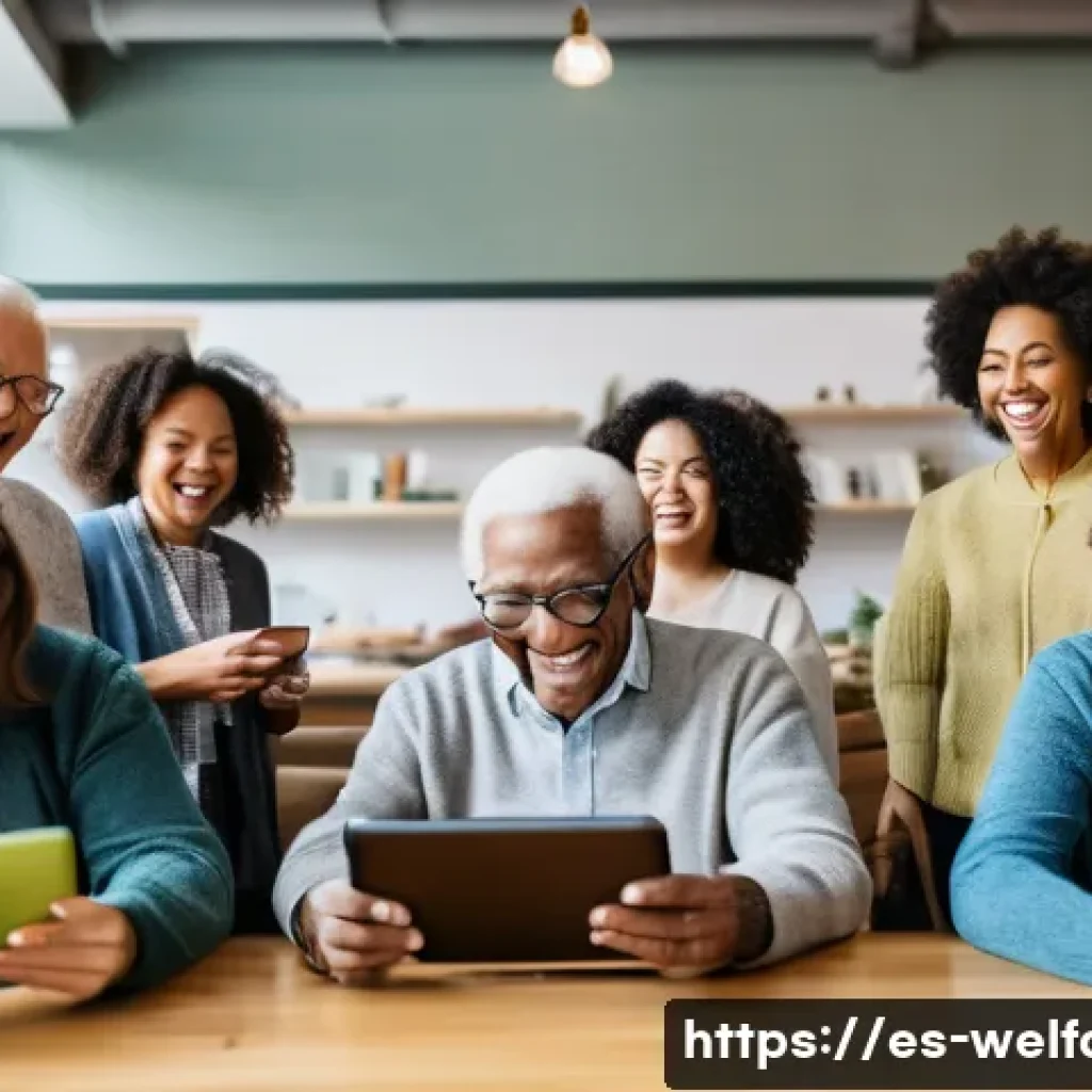 사회복지 네트워크 - **Prompt:** A vibrant, multi-generational community hub buzzing with activity. In the foreground, a ...