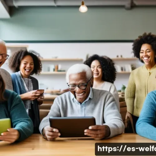 Home 15 사회복지 네트워크 - **Prompt:** A vibrant, multi-generational community hub buzzing with activity. In the foreground, a ...