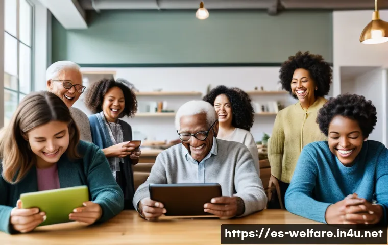 사회복지 네트워크 - **Prompt:** A vibrant, multi-generational community hub buzzing with activity. In the foreground, a ...