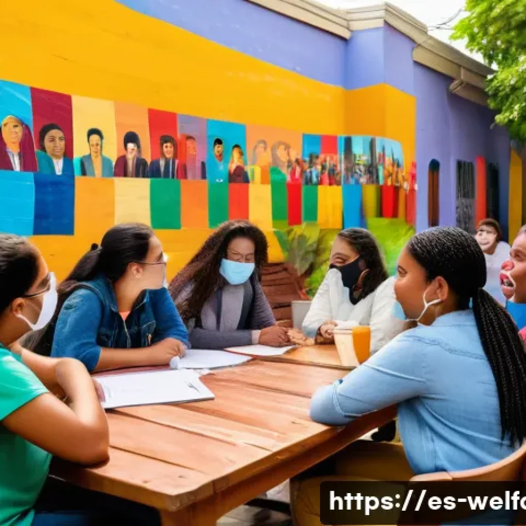 사회복지 컨설팅 - A vibrant community meeting in a Latin American urban neighborhood, featuring diverse adults and tee...