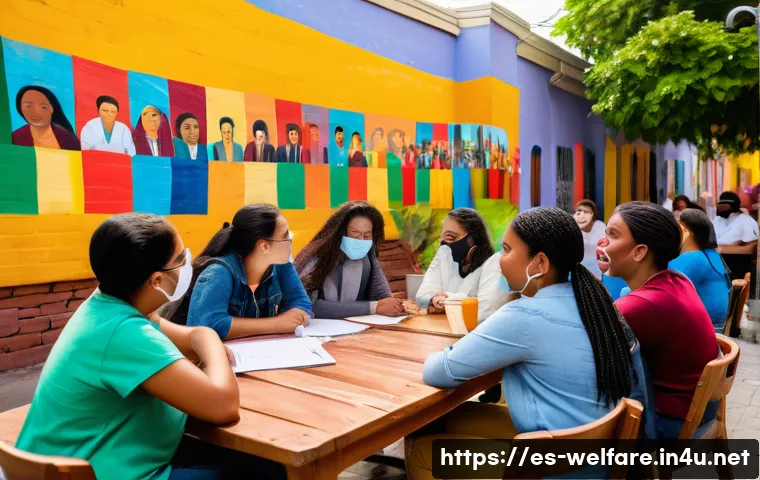 사회복지 컨설팅 - A vibrant community meeting in a Latin American urban neighborhood, featuring diverse adults and tee...