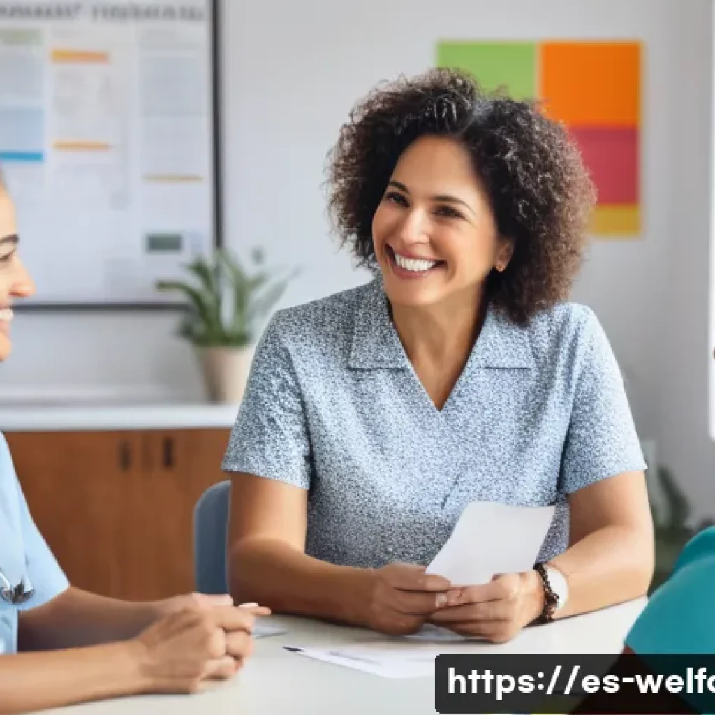 의료사회복지 - A compassionate healthcare team in a modern Latin American community clinic, including a doctor, soc...