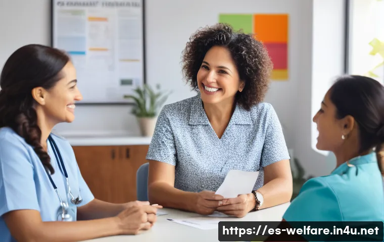 의료사회복지 - A compassionate healthcare team in a modern Latin American community clinic, including a doctor, soc...
