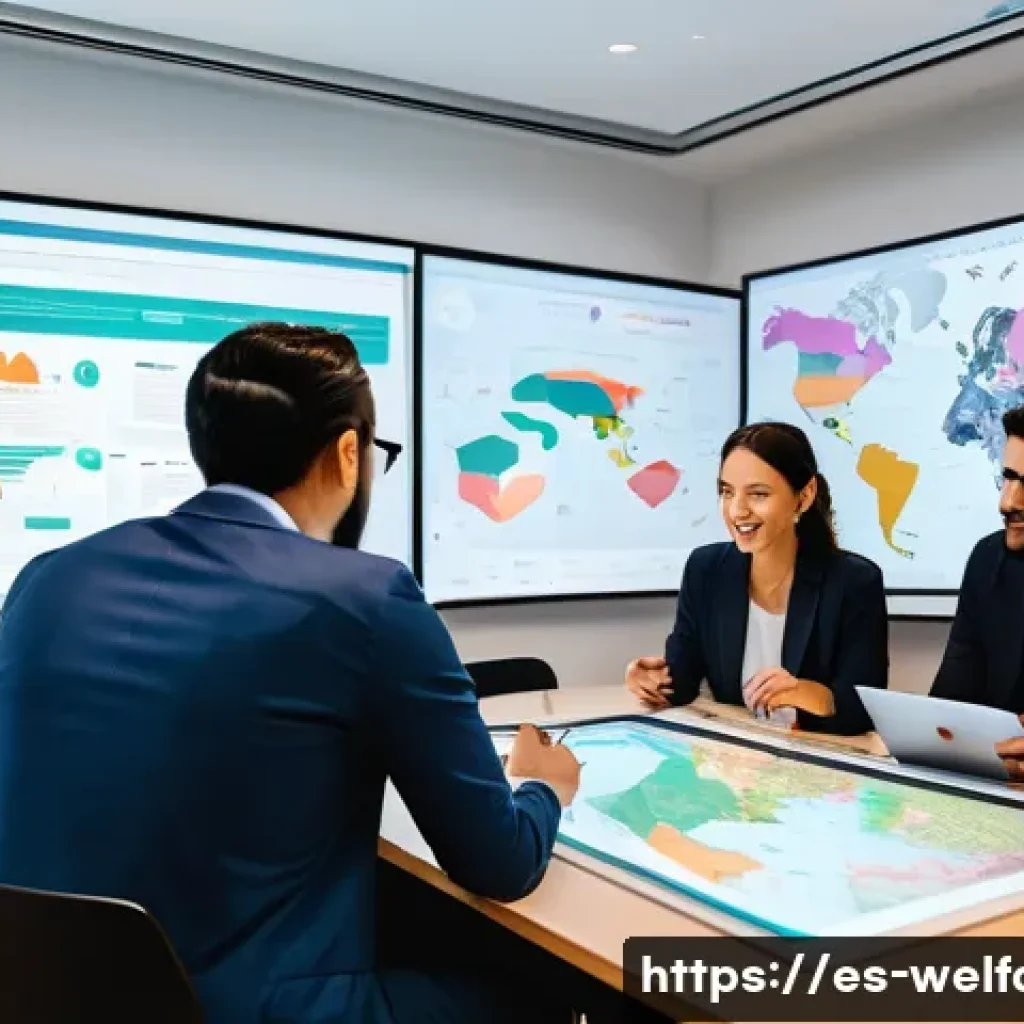 사회복지 데이터 분석 - A diverse team of social workers and data analysts collaborating around a large digital touchscreen ...