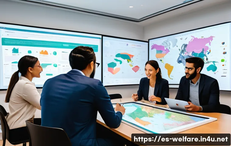 사회복지 데이터 분석 - A diverse team of social workers and data analysts collaborating around a large digital touchscreen ...