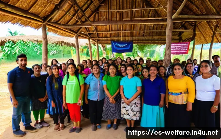 사회복지와 인권 - A vibrant community workshop scene in a rural Latin American village, featuring diverse adults and t...