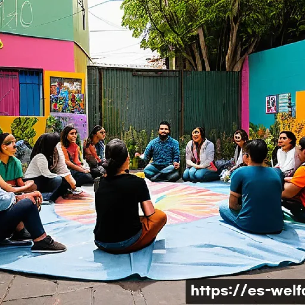 사회복지 지역사회 개발 - A diverse group of Latin American community members gathered in a vibrant neighborhood square in Mex...