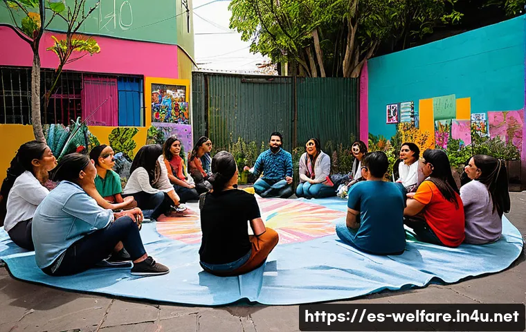 사회복지 지역사회 개발 - A diverse group of Latin American community members gathered in a vibrant neighborhood square in Mex...