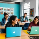 사회복지 직무 만족도 - A vibrant office scene of a diverse team of social workers in Mexico City collaborating around a tab...