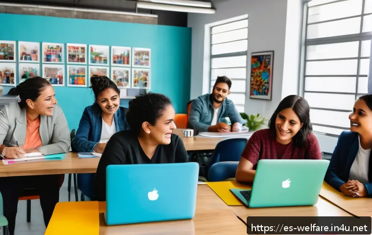 사회복지 직무 만족도 - A vibrant office scene of a diverse team of social workers in Mexico City collaborating around a tab...