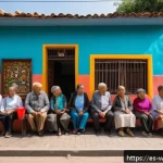 사회복지 현장 경험 - A vibrant community meeting in a modest urban neighborhood in Mexico, featuring diverse adults and e...