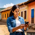 사회복지 기술 발전 - A Latin American social worker using a smartphone application in a rural village setting, wearing ca...