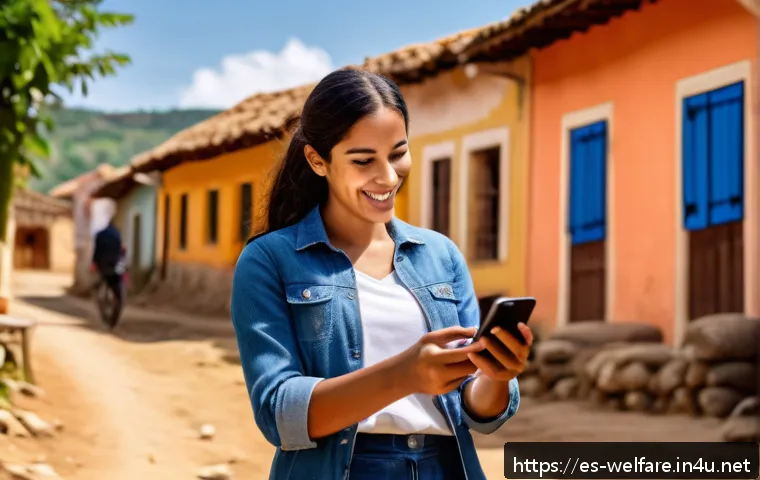 사회복지 기술 발전 - A Latin American social worker using a smartphone application in a rural village setting, wearing ca...