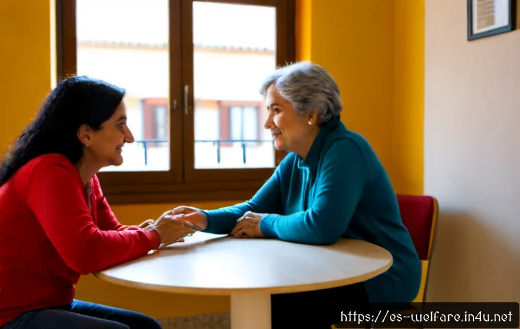 Home 17 사회복지 실천기술 - Photorealistic social worker practicing active listening with an older Spanish-speaking woman in a w...