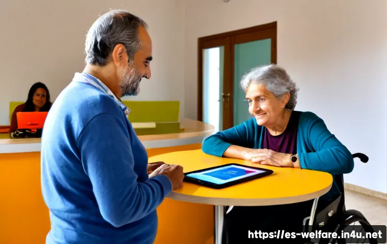 Home 17 사회복지 서비스 개선 방안 - Photorealistic community social services consultation in a bright municipal center in Spain, compass...